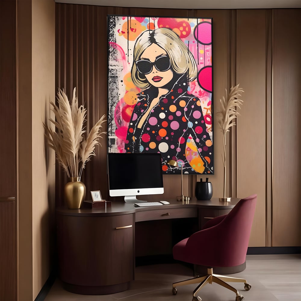 Tablou canvas cu tablou canvas cu portret pop art, in rama de aluminiu negru, pe perete intr-un birou
